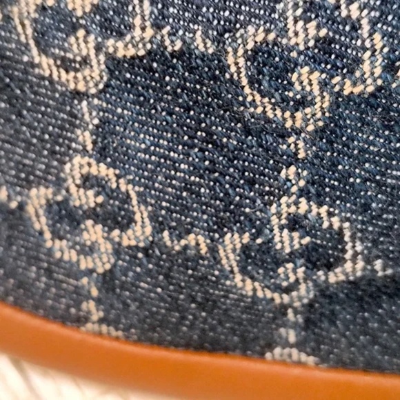 💋Gucci Bucket Hat Blue Denim Beige GG Monogram Logo Leather Trim Size Large*NEW - Picture 5 of 10